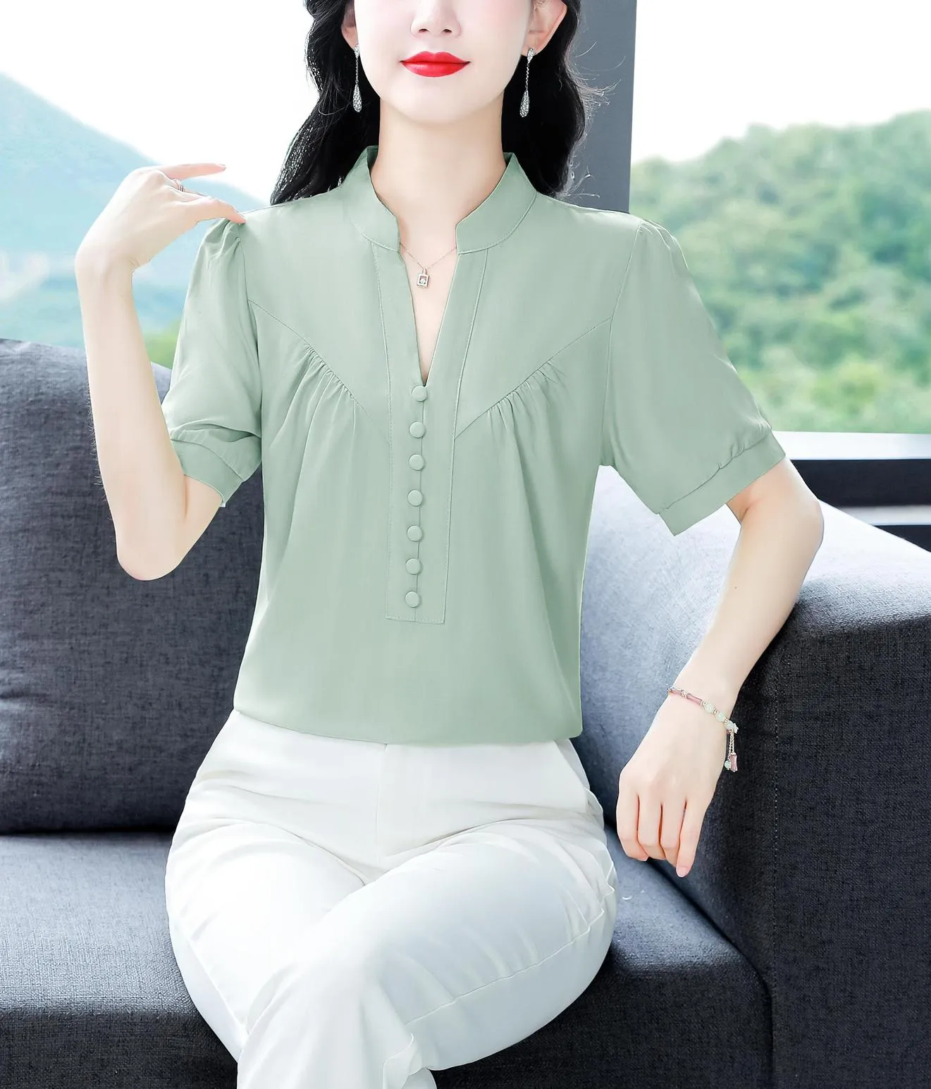 Solid Chiffon Blouse for Women Featuring Chic Button Decoration