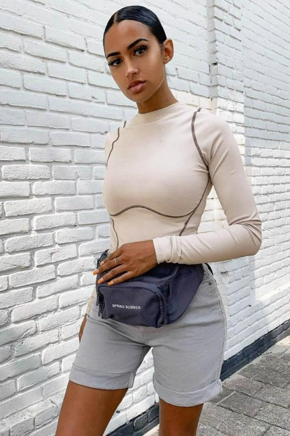 Striped Contour Long Sleeve Patchwork Bodycon Bodysuit