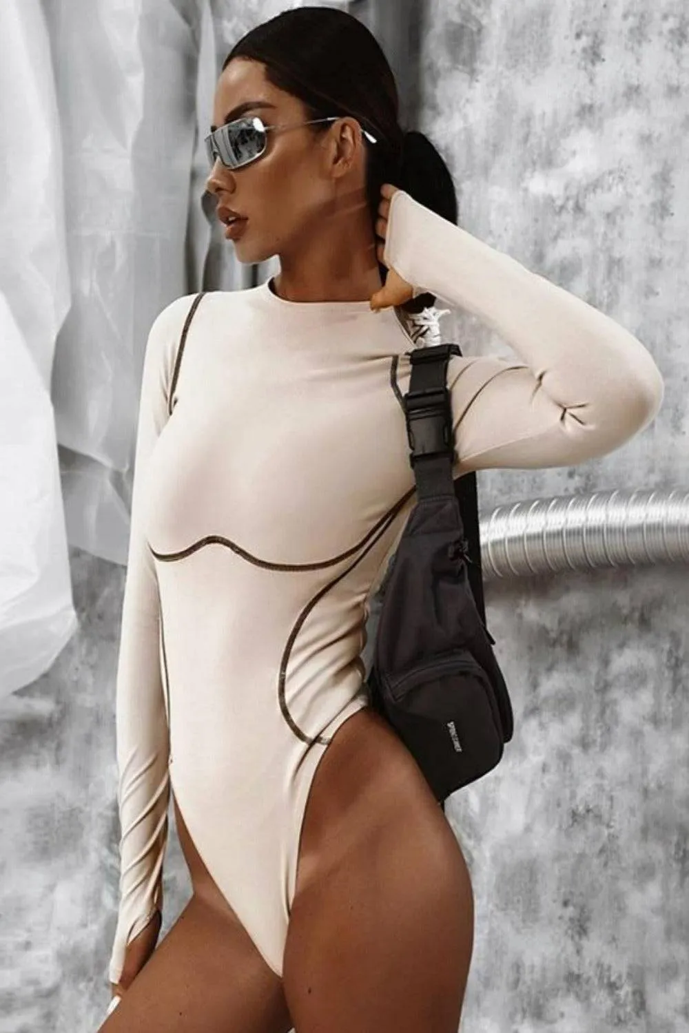 Striped Contour Long Sleeve Patchwork Bodycon Bodysuit