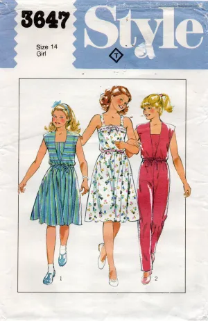 Style 3647 Teen Girls Cover Up Dress & Jumpsuit 1980s Vintage Sewing Pattern Size 14 UNCUT Factory Folded