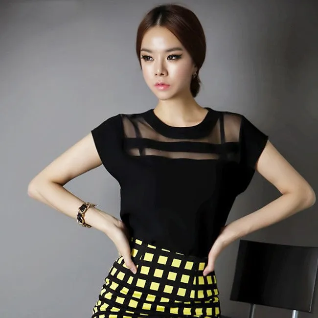 Summer Ladies Black Tops Chiffon Shirts Blouses Women Sheer Clothing Female Plus Size