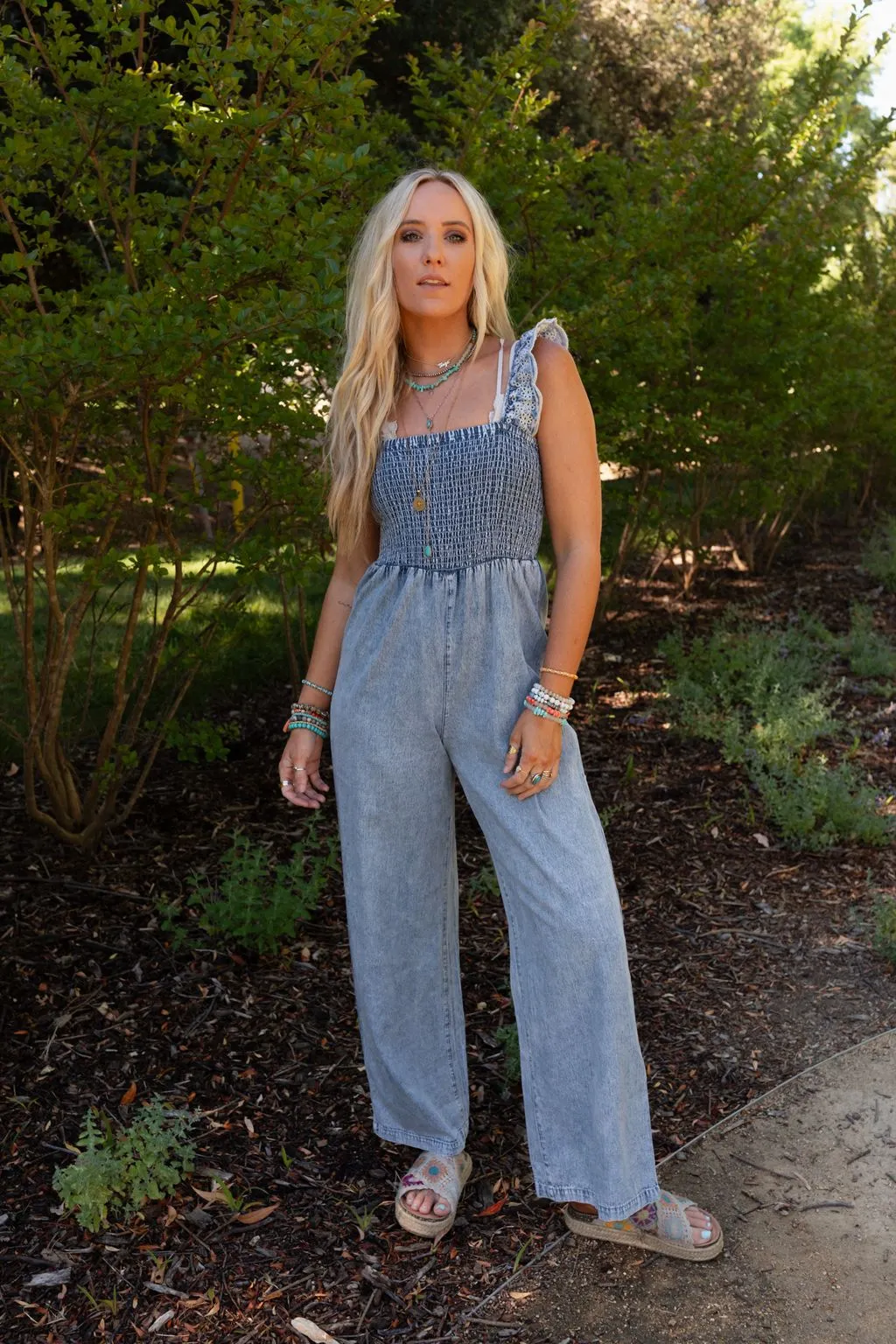 Sunset Soiree Eyelet Denim Jumpsuit - Denim