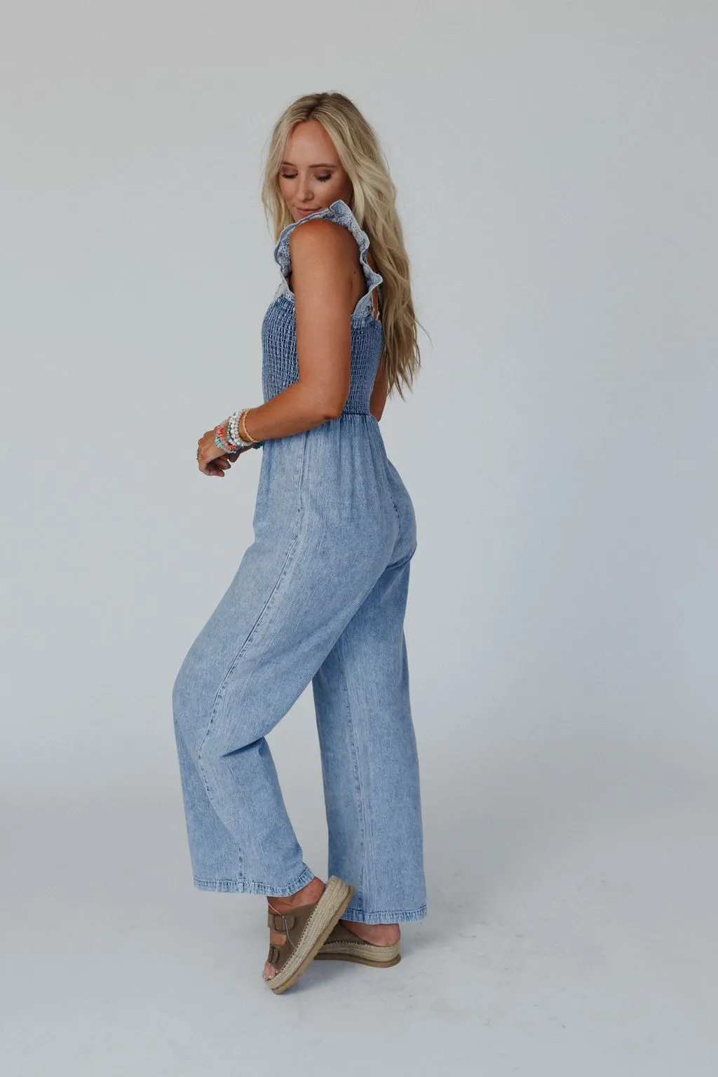 Sunset Soiree Eyelet Denim Jumpsuit - Denim