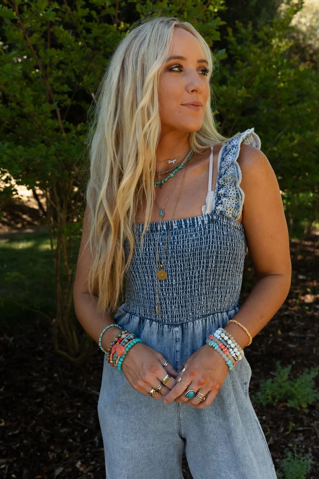 Sunset Soiree Eyelet Denim Jumpsuit - Denim