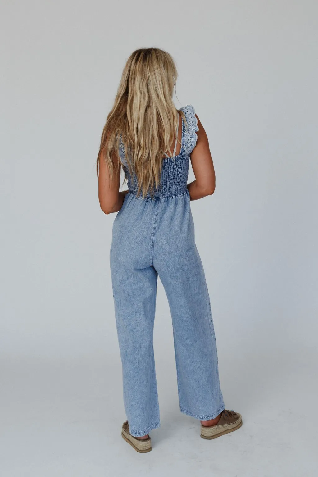 Sunset Soiree Eyelet Denim Jumpsuit - Denim