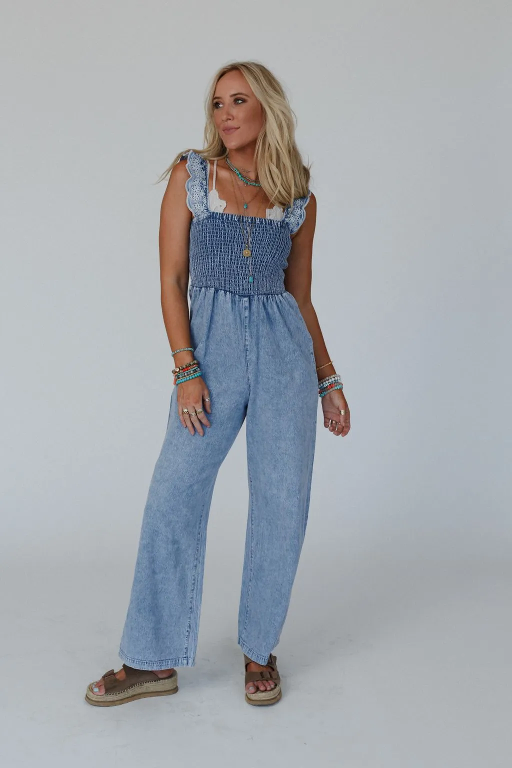 Sunset Soiree Eyelet Denim Jumpsuit - Denim