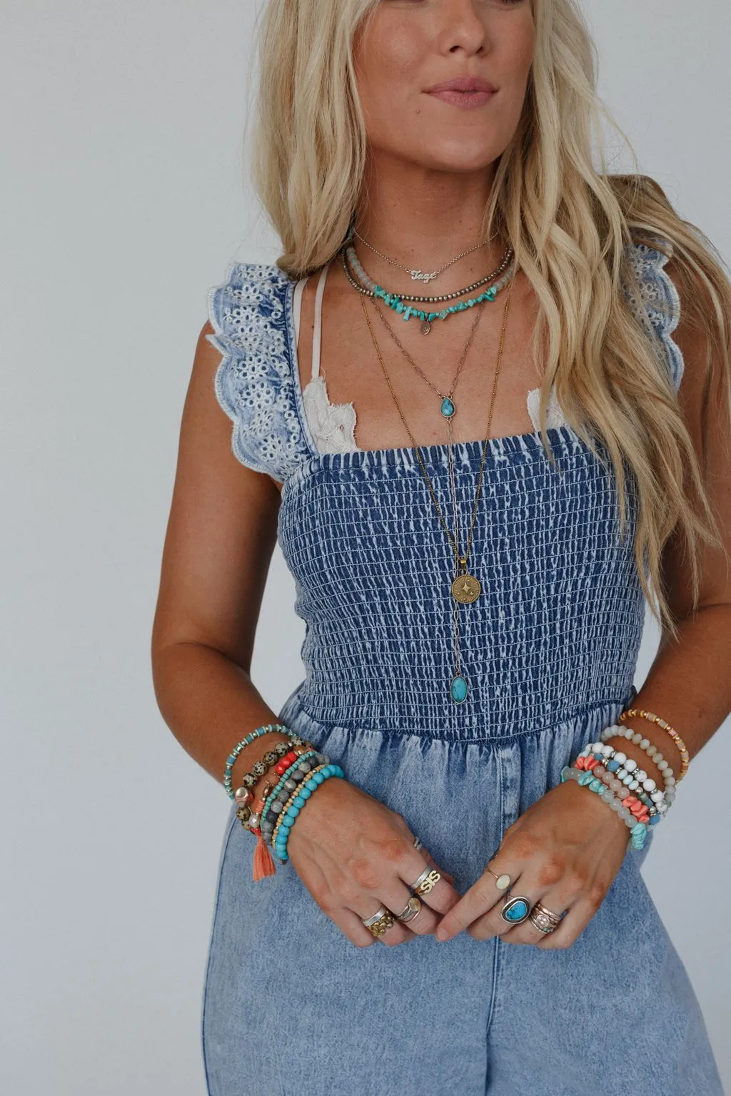 Sunset Soiree Eyelet Denim Jumpsuit - Denim