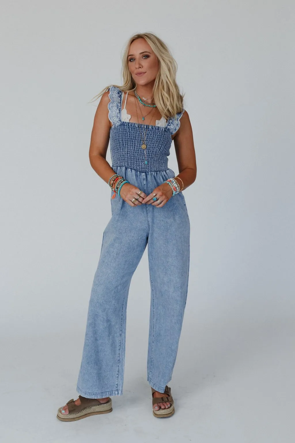 Sunset Soiree Eyelet Denim Jumpsuit - Denim