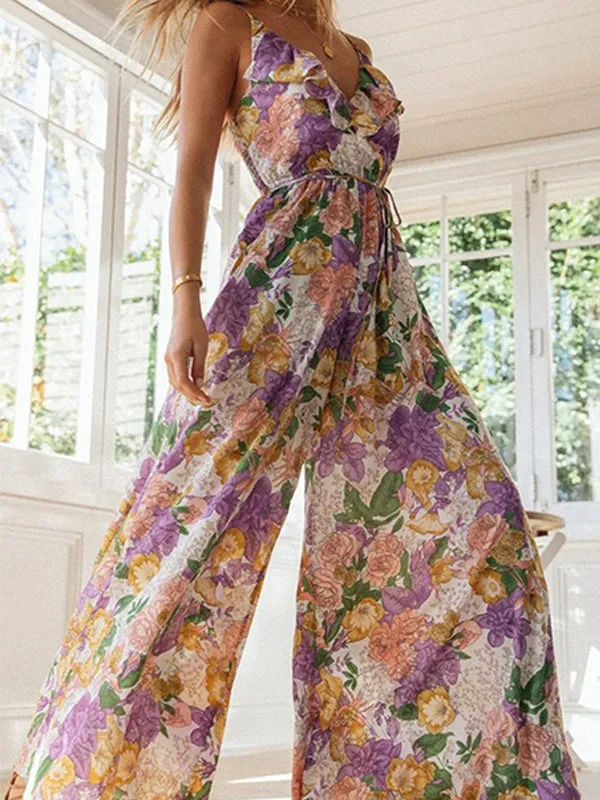 Surplice Ruffle Neck Print Cami Jumpsuit