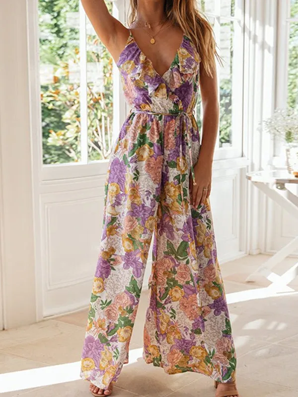 Surplice Ruffle Neck Print Cami Jumpsuit