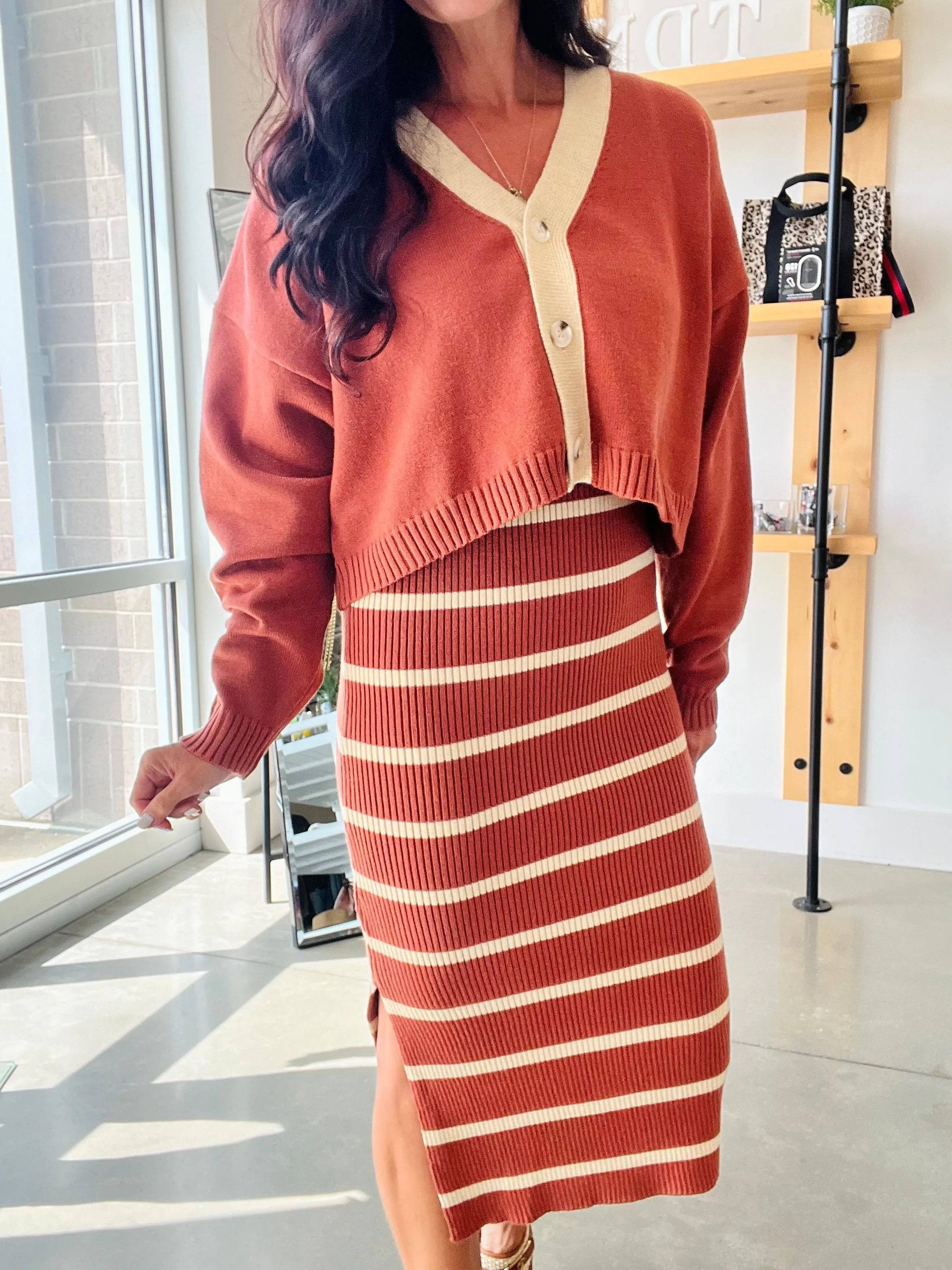 Sweater Dress and Cardigan Set in Rust   Taupe