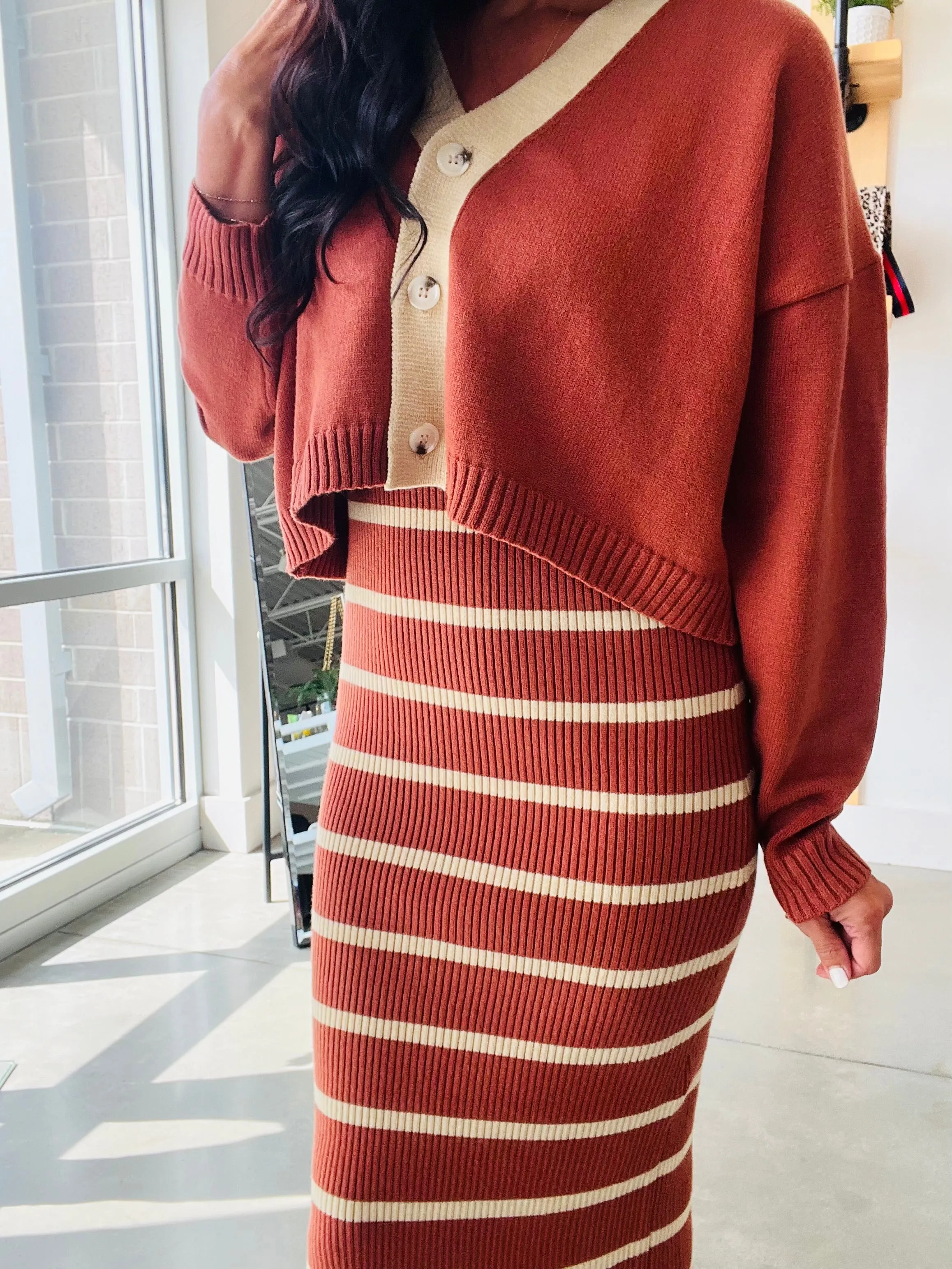 Sweater Dress and Cardigan Set in Rust   Taupe