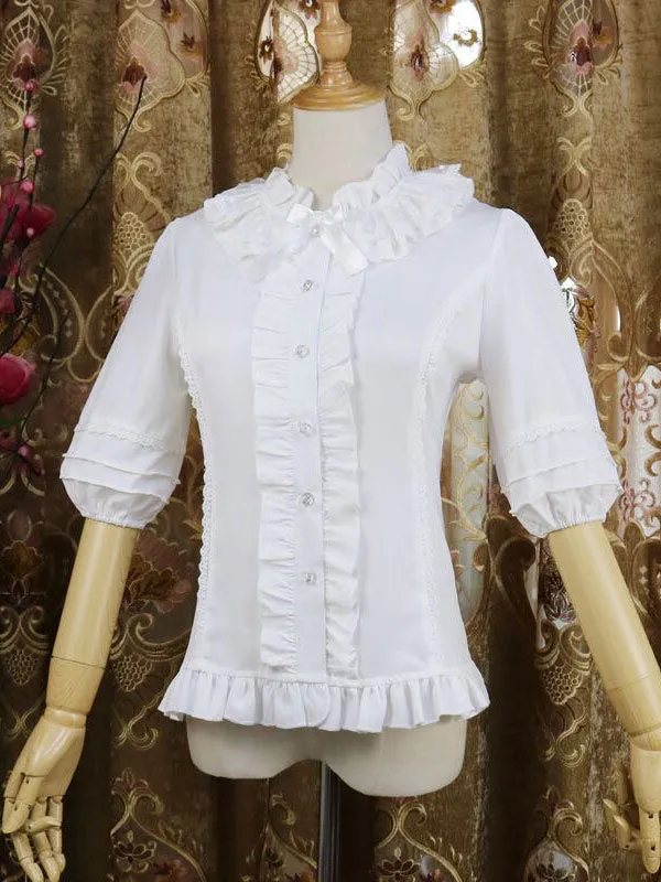 Sweet Lolita Shirt Lace Ruffle Bow Chiffon White Half Sleeve Lolita Blouse