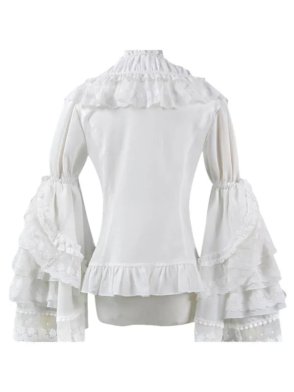 Sweet Lolita Shirt Lace Trim Layered Ruffle Hime Sleeve Chiffon White Lolita Shirt