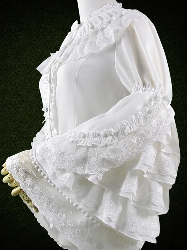 Sweet Lolita Shirt Lace Trim Layered Ruffle Hime Sleeve Chiffon White Lolita Shirt