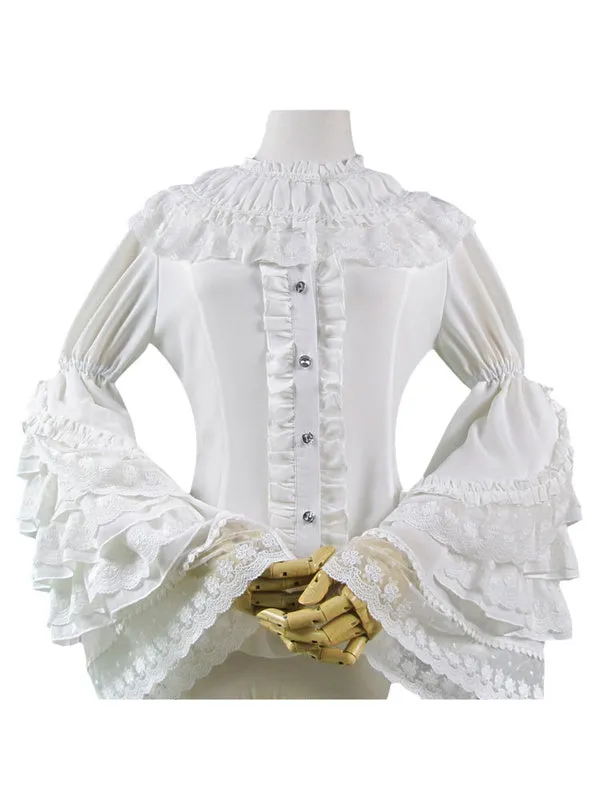 Sweet Lolita Shirt Lace Trim Layered Ruffle Hime Sleeve Chiffon White Lolita Shirt