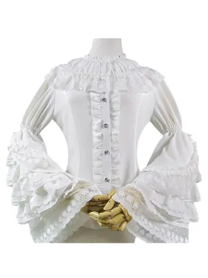 Sweet Lolita Shirt Lace Trim Layered Ruffle Hime Sleeve Chiffon White Lolita Shirt