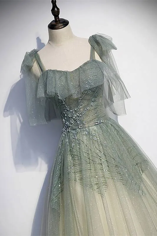 Tie Shoulders Green A-line Long Dress
