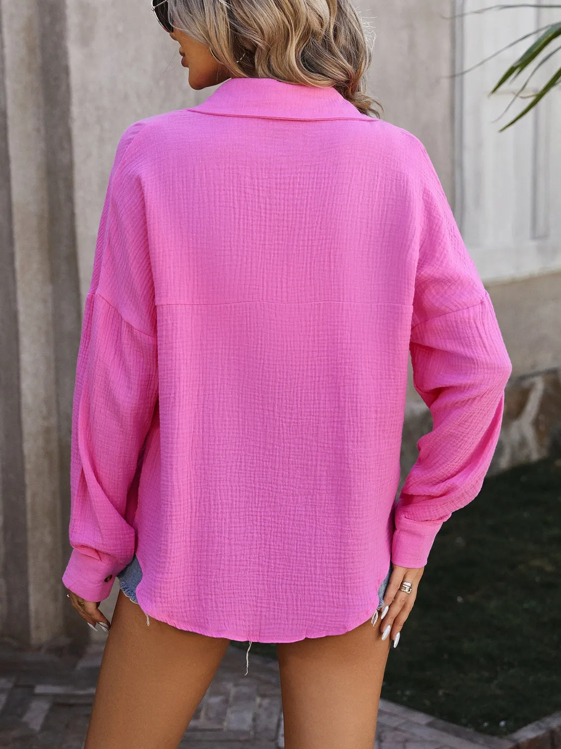 Tiffany Textured Pocketed Button Up Dropped Shoulder Shirt - Online Exclusive