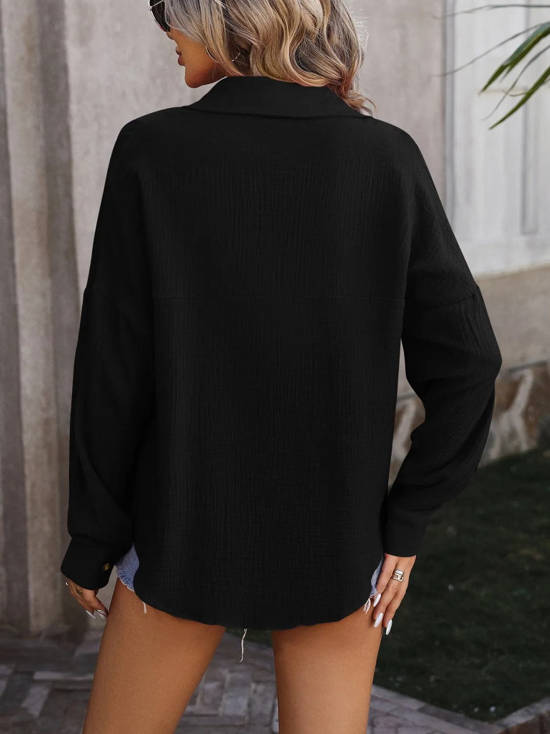 Tiffany Textured Pocketed Button Up Dropped Shoulder Shirt - Online Exclusive