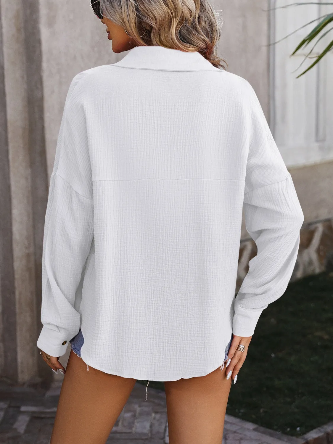 Tiffany Textured Pocketed Button Up Dropped Shoulder Shirt - Online Exclusive