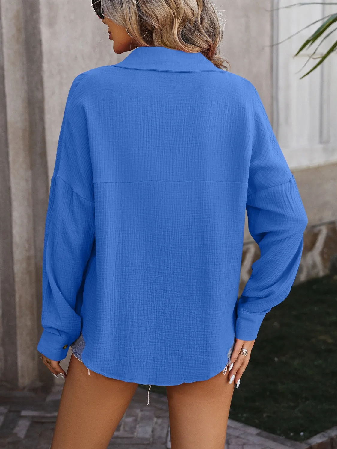 Tiffany Textured Pocketed Button Up Dropped Shoulder Shirt - Online Exclusive