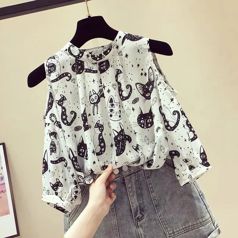 Vintage Print Chiffon Blouse with Short Sleeves