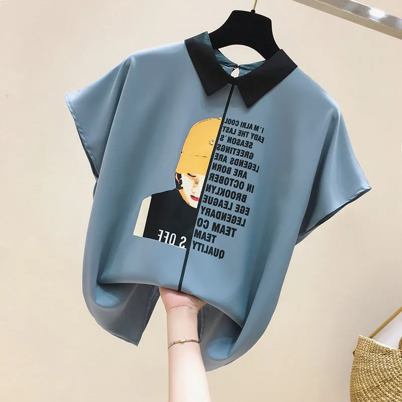 Vintage Print Chiffon Blouse with Short Sleeves