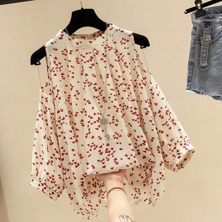 Vintage Print Chiffon Blouse with Short Sleeves