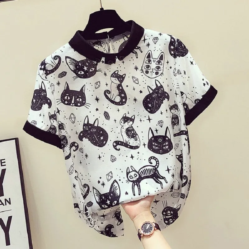 Vintage Print Chiffon Blouse with Short Sleeves