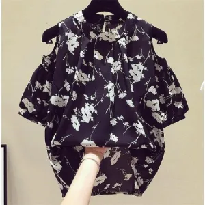Vintage Print Chiffon Blouse with Short Sleeves