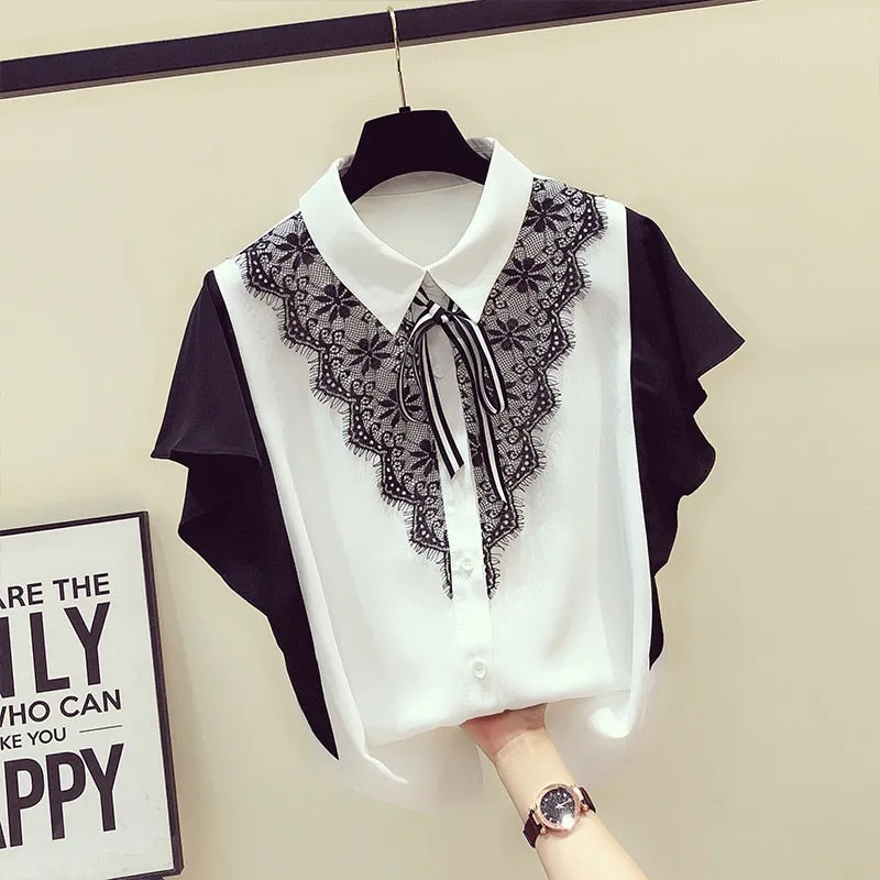 Vintage Print Chiffon Blouse with Short Sleeves