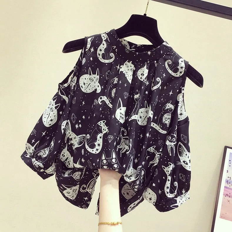 Vintage Print Chiffon Blouse with Short Sleeves