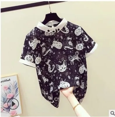 Vintage Print Chiffon Blouse with Short Sleeves