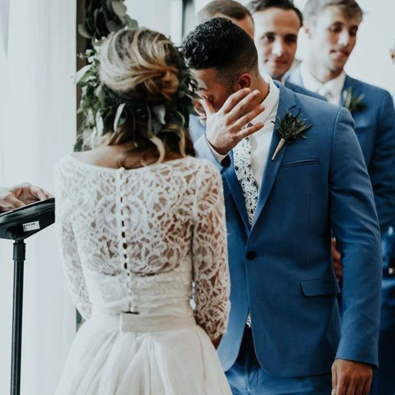 Wedding Dress 3/4 Long Sleeves A Line White Ivory Chiffon Lace
