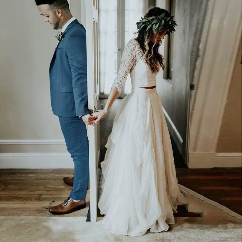 Wedding Dress 3/4 Long Sleeves A Line White Ivory Chiffon Lace