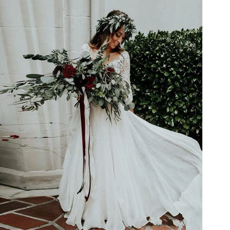 Wedding Dress 3/4 Long Sleeves A Line White Ivory Chiffon Lace