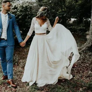 Wedding Dress 3/4 Long Sleeves A Line White Ivory Chiffon Lace
