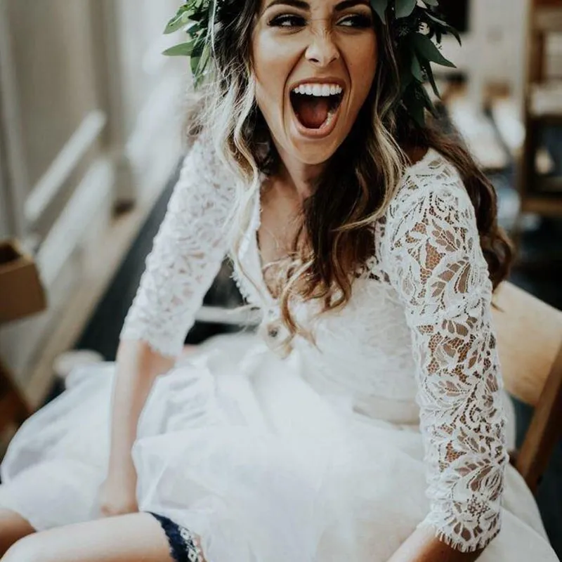 Wedding Dress 3/4 Long Sleeves A Line White Ivory Chiffon Lace