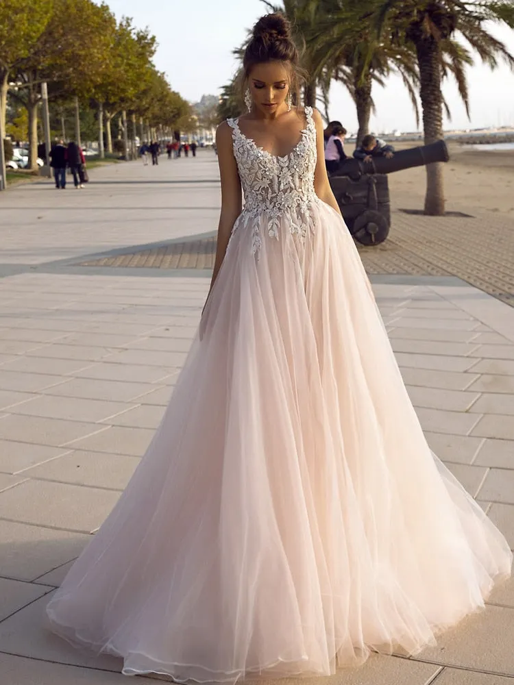 Wedding Dress Blush Pink Tulle A Line Princess Wedding Gowns Backless