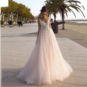 Wedding Dress Blush Pink Tulle A Line Princess Wedding Gowns Backless