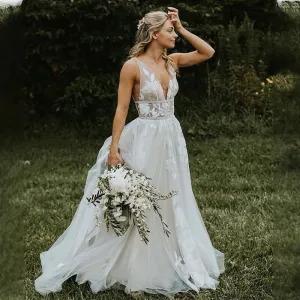 Wedding Dress Boho A-line Backless Elegant Floral Appliques Bridal Dress