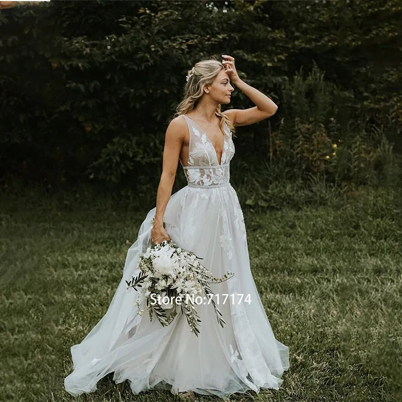 Wedding Dress Boho A-line Backless Elegant Floral Appliques Bridal Dress