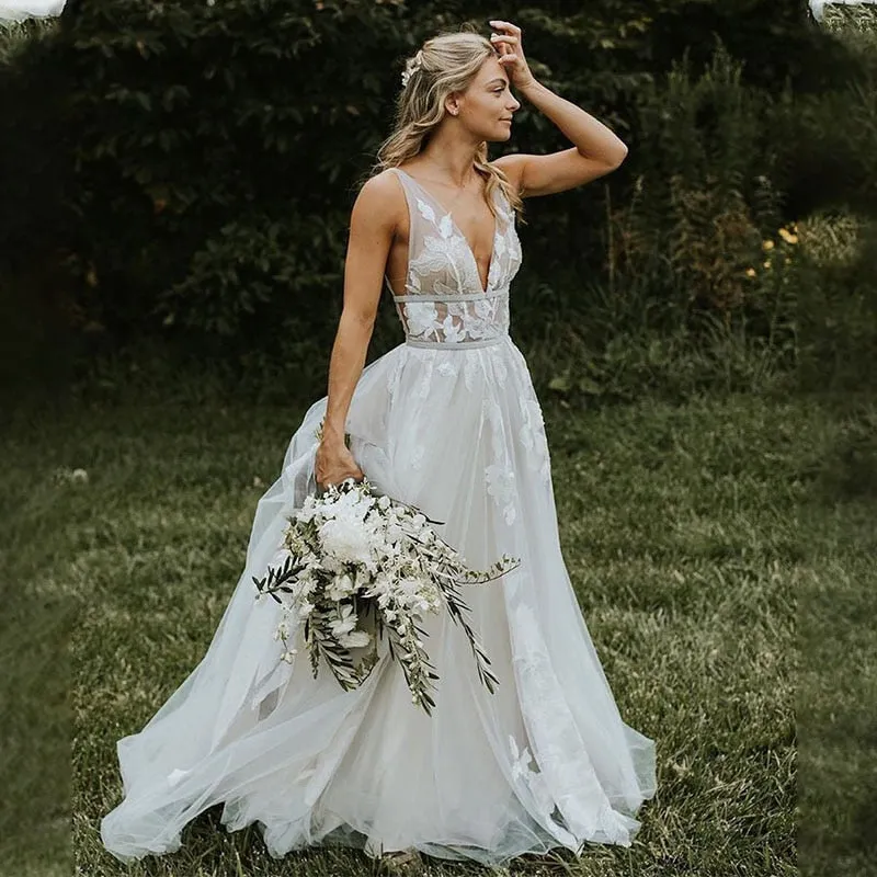 Wedding Dress Boho A-line Backless Elegant Floral Appliques Bridal Dress