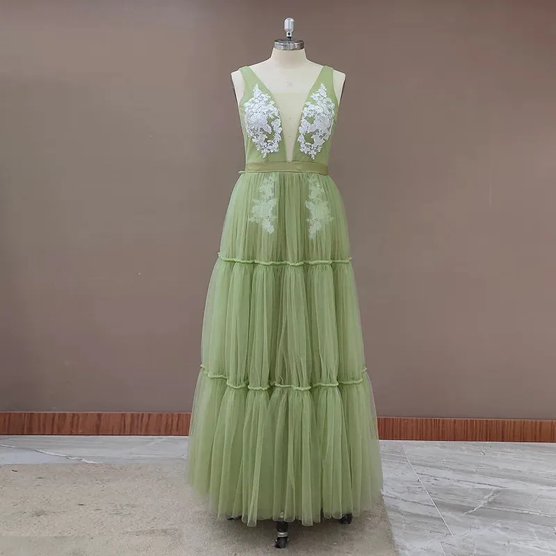 Wedding Dress Deep V-Neck Open Back Sleeveless A-Line Bohemian
