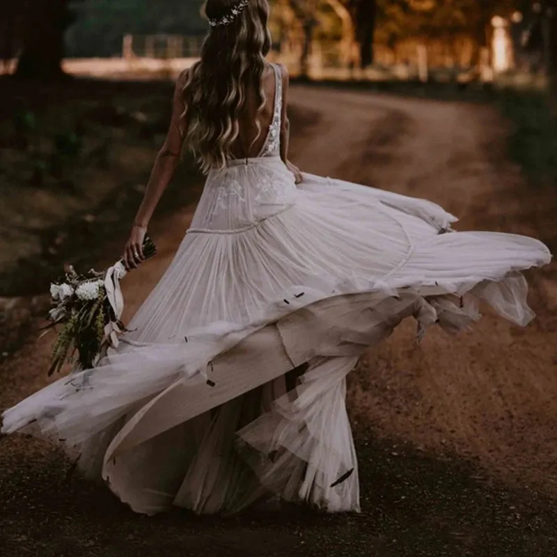 Wedding Dress Deep V-Neck Open Back Sleeveless A-Line Bohemian