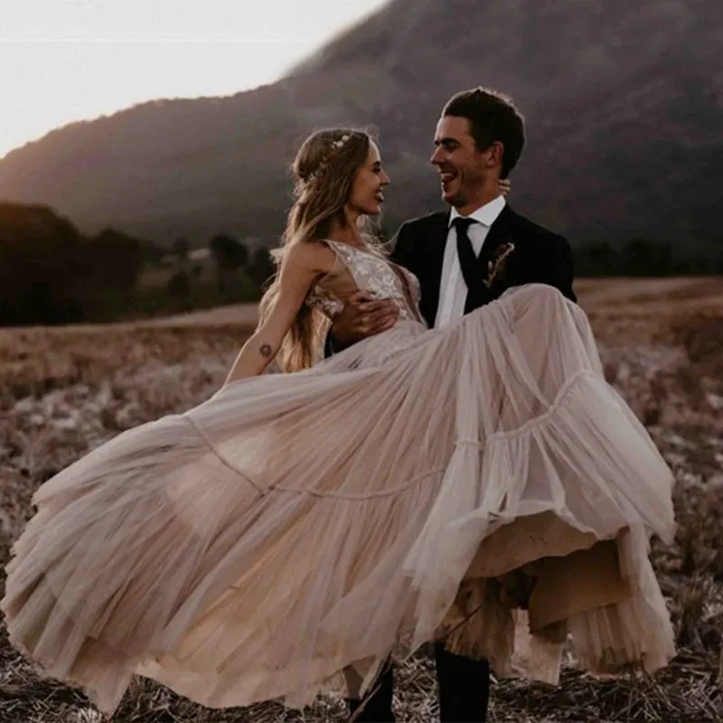 Wedding Dress Deep V-Neck Open Back Sleeveless A-Line Bohemian