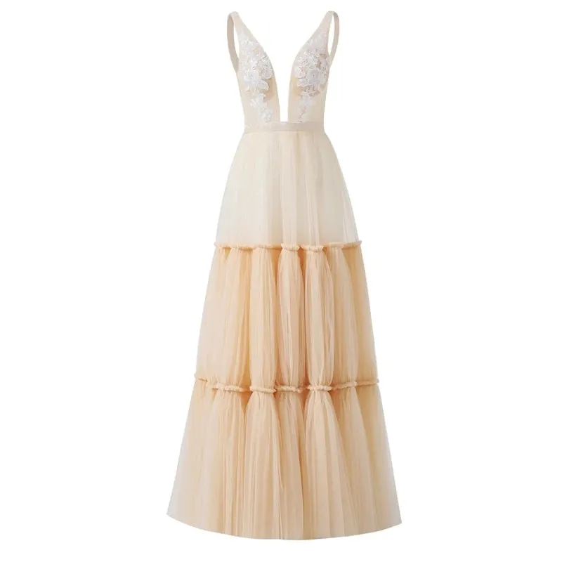 Wedding Dress Deep V-Neck Open Back Sleeveless A-Line Bohemian