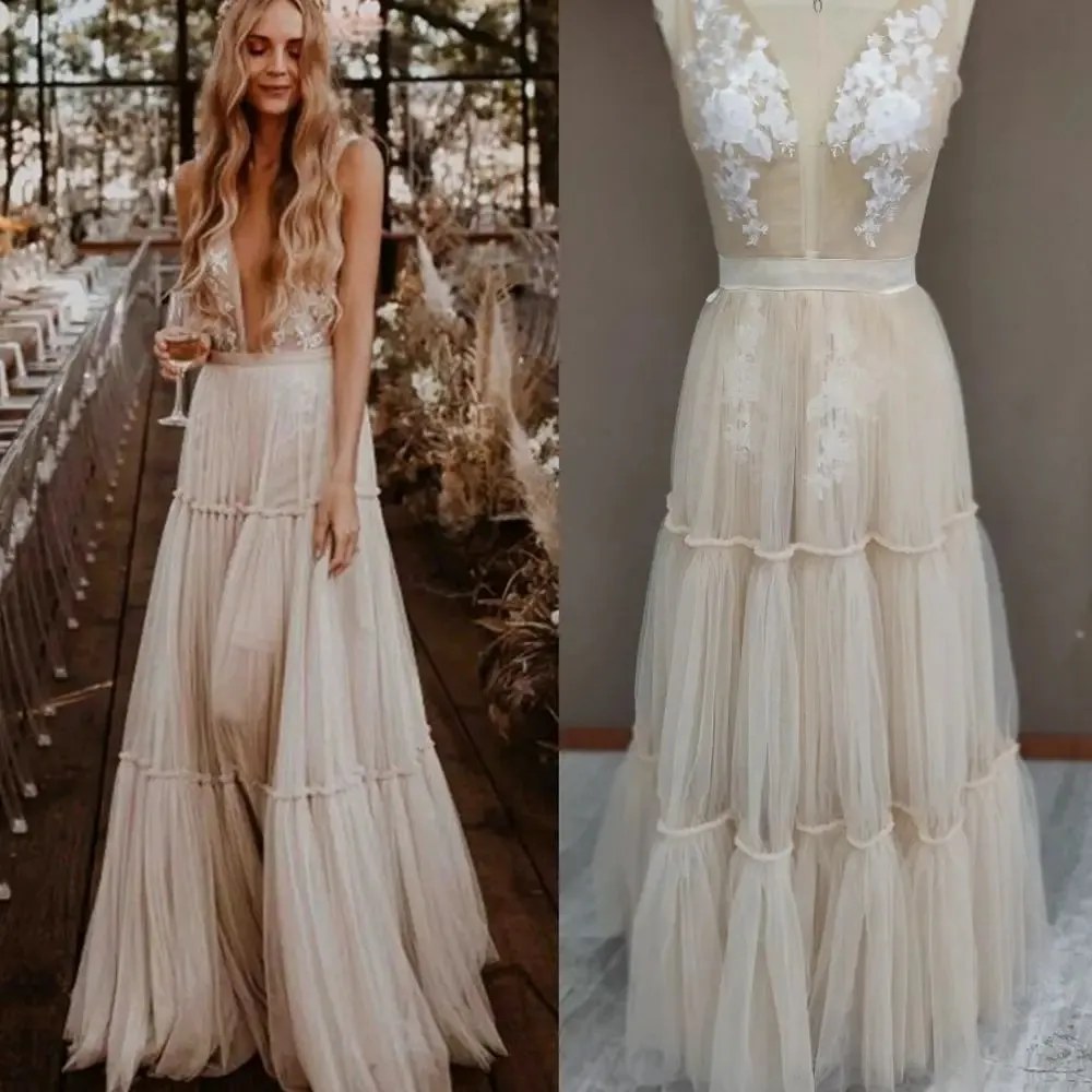 Wedding Dress Deep V-Neck Open Back Sleeveless A-Line Bohemian