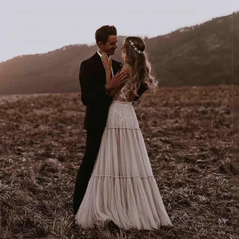 Wedding Dress Deep V-Neck Open Back Sleeveless A-Line Bohemian